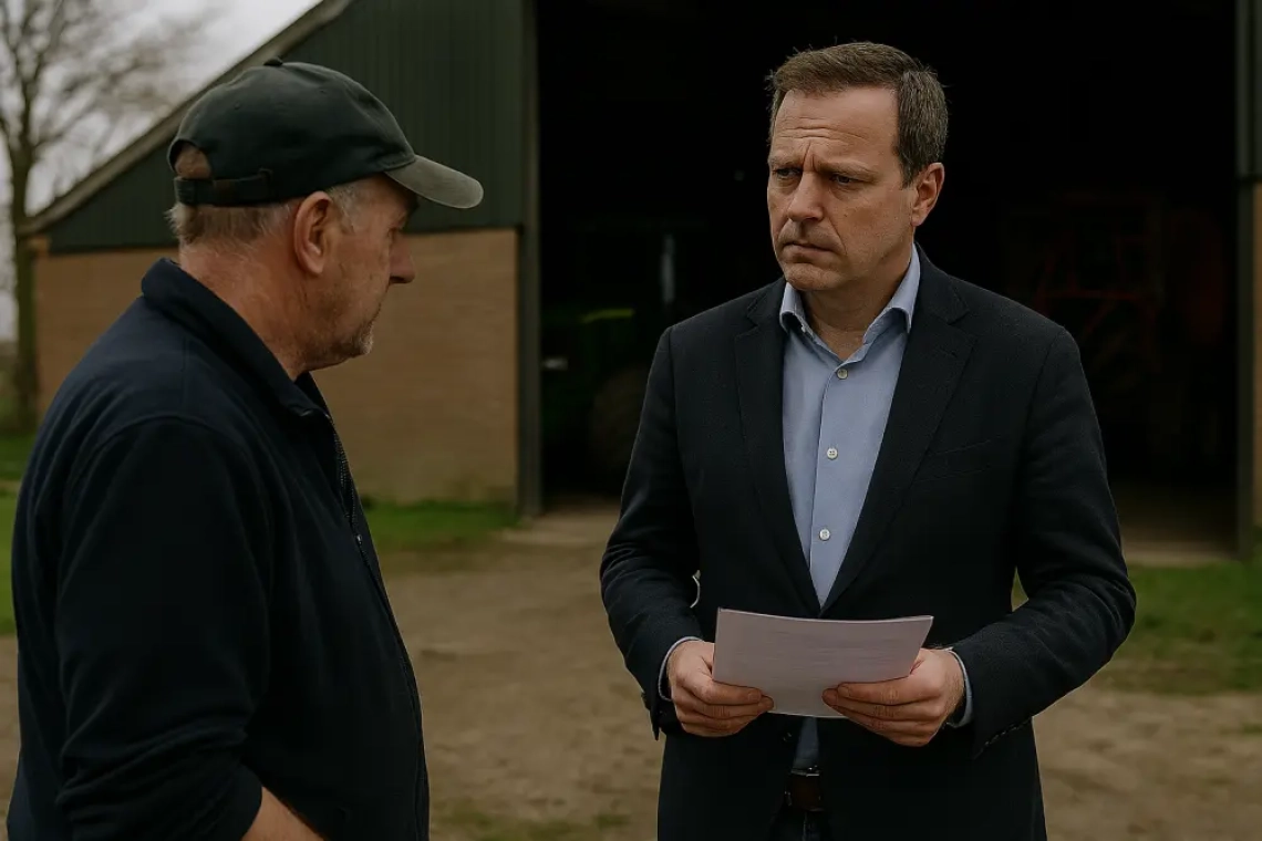 Een wethouder staat buiten op een erf, in gesprek met een boer voor een schuur met landbouwmachines, met bezorgde gezichtsuitdrukking en papieren in de hand